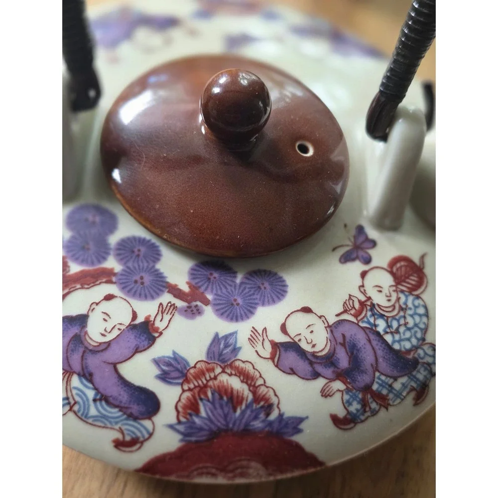 Vintage Japanese Ceramic Tea Set Karako Children Pine Tree Teapot and 4 Cups